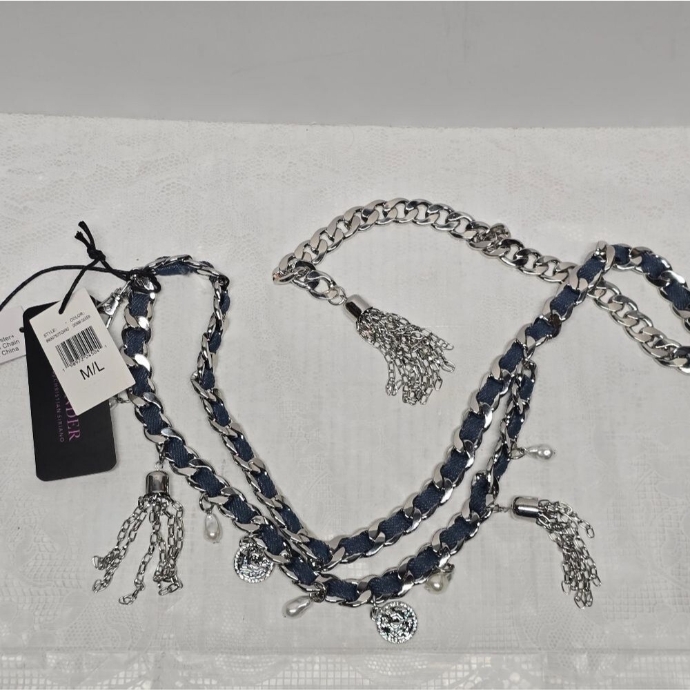 Christian Siriano C Wonder Denim Silver Chain Charms Waist Hips Boho Belt NWT